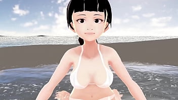 아니메 소녀는 흰색 비키니를 입고 자신을 소개합니다.
