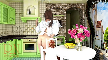 팬티 없는 발랄한 하녀는 식당에서 바나나를 많이 먹는다. 흰색 짧은 드레스를 입은 주부는 과일을 먹고 그녀의 보지와 엉덩이를 보여줍니다.
